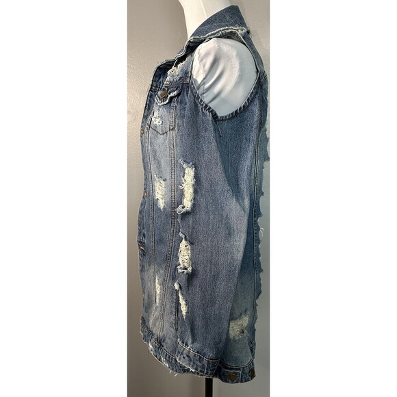Ziva Curve Womens S Distressed Jean Jacket Cold Shoulder Long Blue Denim Coat - Picture 3 of 8